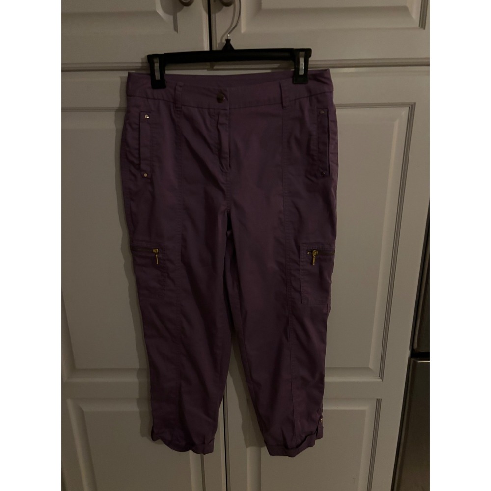 Chicos Purple Crop Cargo Pants Womens Size 0 Cotton Blend‎ Zipper Pockets Cuffed